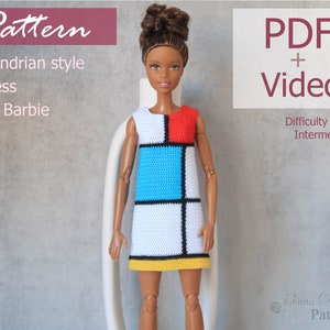 PATTERN: Mondrian style dress for Barb and other 12&quot; Fashion dolls - crochet pattern in PDF