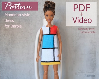 PATTERN: Mondrian style dress for Barb and other 12" Fashion dolls - crochet pattern in PDF