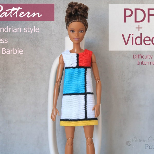 PATTERN: Mondrian style dress for Barb and other 12" Fashion dolls - crochet pattern in PDF