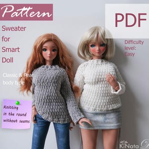 May include: Two Smart Dolls modelling knitted sweaters. One doll wears a grey sweater and blue jeans, the other a white sweater and denim skirt. The image includes the text "Pattern", "Sweater for Smart Doll", and "PDF". The difficulty level is listed as "Easy".