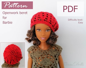 PATTERN: Red openwork beret for Barb doll - crochet pattern in PDF