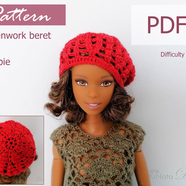 PATTERN: Red openwork beret for Barb doll - crochet pattern in PDF