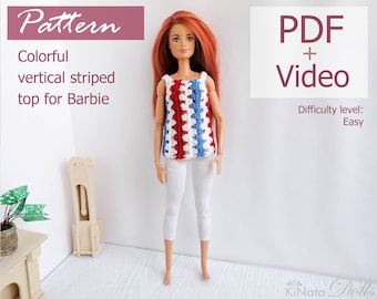 MUSTER: Bunt vertikal gestreiftes Oberteil für Barb 12 inches Doll - Häkelanleitung im PDF