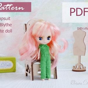 May include: A PDF pattern for a green jumpsuit for a Blythe doll. The pattern is labeled "Easy" difficulty level. The doll is wearing the jumpsuit and has pink hair.