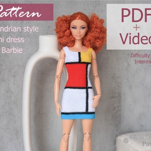 PATTERN: Shift dress Mondrian style mini dress for Barb and other 12" Fashion dolls - crochet pattern in PDF