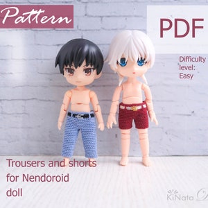 May include: PDF pattern for crocheting trousers and shorts for Nendoroid dolls. The pattern is easy to follow and includes instructions for both a blue pair of trousers and a red pair of shorts. The pattern is for a doll that is approximately 10 cm tall.
