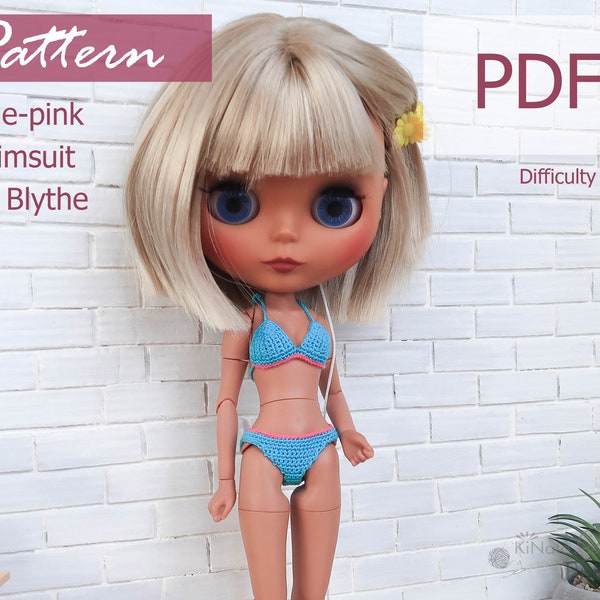 PATTERN: Blue-pink swimsuit for Blythe doll - crochet pattern in PDF