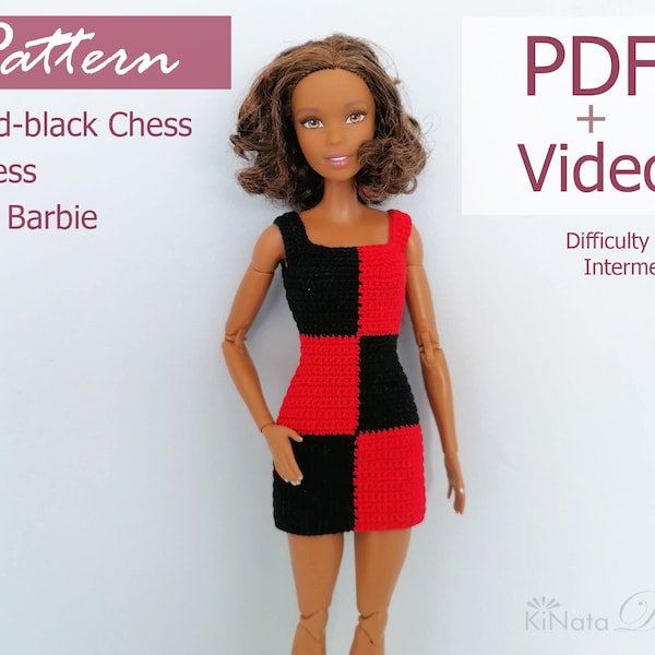 PATTERN: Red-black Chess Dress for Barb and other 12" Fashion dolls - crochet pattern in PDF