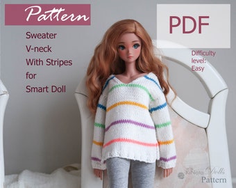 MUSTER: Pullover mit Streifen V-Ausschnitt für Smart Doll - Strickmuster als PDF