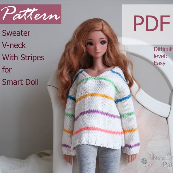 PATTERN: Sweater V-neck With Stripes for Smart Doll - knit pattern in PDF