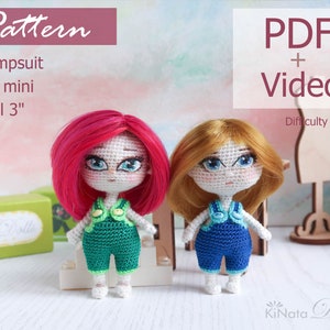 May include: Crochet pattern for a jumpsuit for a 3-inch doll. The pattern includes a PDF and video instructions. The difficulty level is easy.