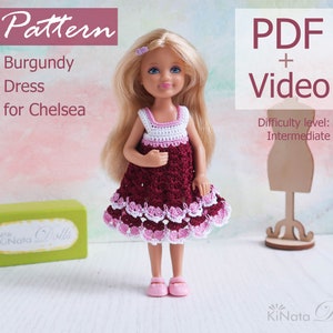 PATTERN: Burgundy dress for Chelsea doll - crochet pattern in PDF