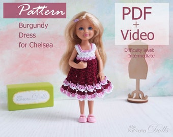 PATTERN: Burgundy dress for Chelsea doll - crochet pattern in PDF