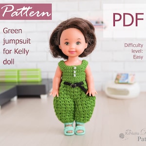 May include: A crochet pattern for a green jumpsuit for a Kelly doll. The pattern is labeled "PDF" and "Easy" difficulty level. The pattern is available for download.