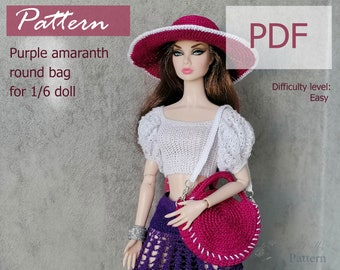 PATTERN: Purple amaranth round bag for 1/6 doll - crochet pattern in PDF