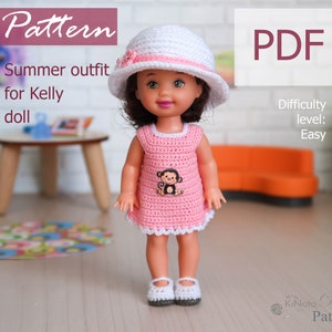 May include: A crochet pattern for a pink summer dress and white sun hat for a Kelly doll. The pattern includes a monkey applique on the dress. The difficulty level is easy. The pattern is available as a PDF download.