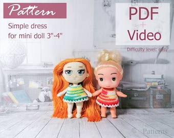 PATTERN: Simple dress for mini doll 3"-4" - crochet pattern in PDF