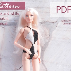 MODELLO: Costume da bagno monokini bianco-nero per Barb e altre bambole alla moda da 12" - modello all'uncinetto in PDF