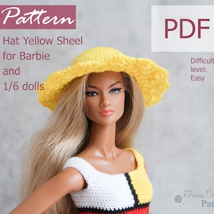 Op de afbeelding: Een haakpatroon voor een gele hoed voor Barbie en 1/6 poppen. Het patroon is gemakkelijk te volgen en bevat instructies voor het maken van de hoed. Het patroon is beschikbaar als PDF-download. Moeilijkheidsgraad: Gemakkelijk.