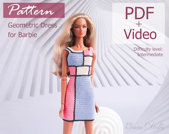 PATTERN: Geometric Pink Dress for Barb and other 12" Fashion dolls - crochet pattern in PDF