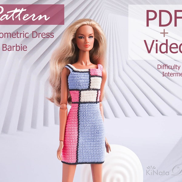 PATTERN: Geometric Pink Dress for Barb and other 12" Fashion dolls - crochet pattern in PDF