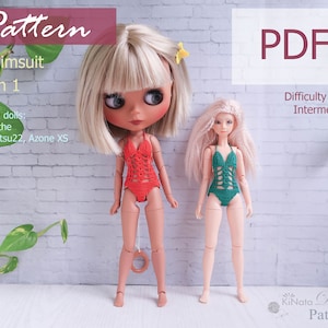 May include: A crochet swimsuit pattern for two dolls, Blythe and Obitsu22 or Azone XS. The pattern is available as a PDF download and is rated as intermediate difficulty.