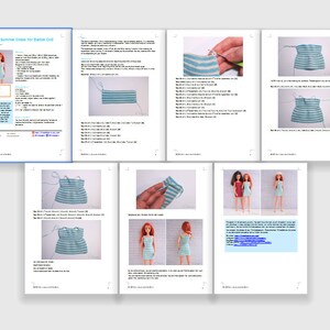 May include: A crochet pattern for a striped summer dress for a Barbie doll. The pattern includes instructions and photos of the finished dress.