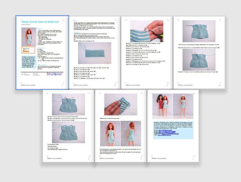 May include: A crochet pattern for a striped summer dress for a Barbie doll. The pattern includes instructions and photos of the finished dress.