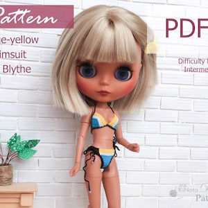 May include: A crochet pattern for a blue and yellow swimsuit for a Blythe doll. The pattern is available as a PDF download and is labelled as intermediate difficulty.