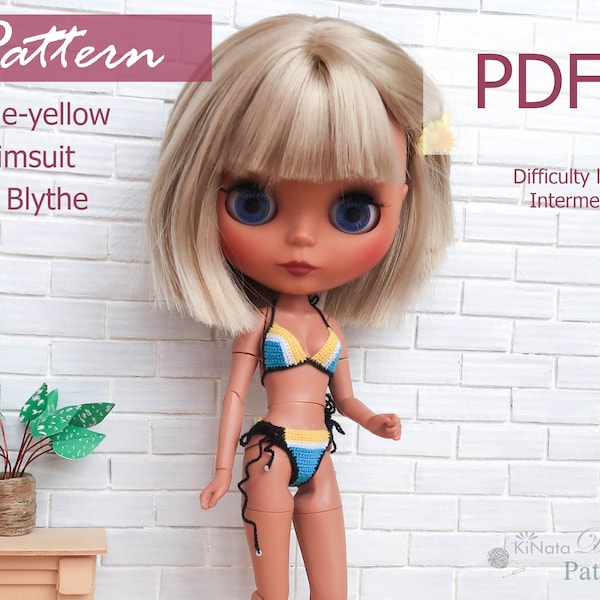 PATTERN: Blue-yellow swimsuit for Blythe doll - crochet pattern in PDF