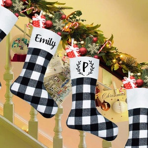 2023 Farmhouse Christmas Stocking, Christmas Stocking, Holiday Gift, Black and White Plaid Stocking, Personalized Stocking, Customized