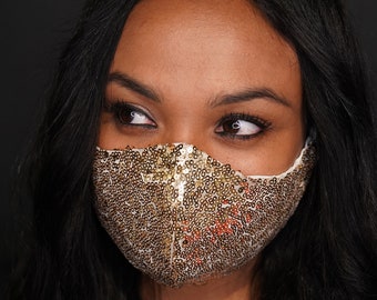 Gold Sequin Face Mask, Women's Face Mask, Elegant Face Mask, Brides, Mother of the Bride, Bridal Party Masks