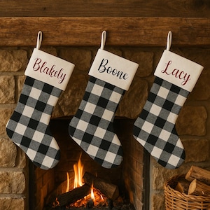 2025 Farmhouse Christmas Stocking, Christmas Stocking, Holiday Gift, Black and White Plaid Stocking, Personalized Stocking, Customized