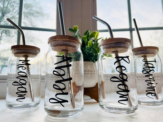 Personalized Name Iced Coffee Cup Soda Beer Can Glass with Lid and Glass  Straw, Gift for Friends, Bridesmaid, Custom coffee cup glass, Name