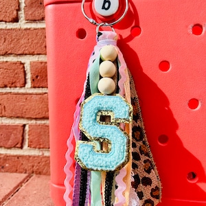 Custom Initial with Wooden Beads Pastel and Leopard Tassels!! Bag Tag, Bag Tassel, Car Charm