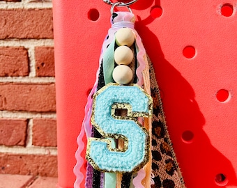 Personalized Initial Bag Charm | Leopard & Pastel Wooden Bead Tassel | Custom Bogg Bag Tag, Purse Charm, Car Accessory Gift