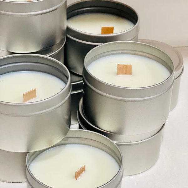 Wholesale Tin Candles, Gold, Matte Black, Silver, 8 ounce Candles, Wooden Wicks, Baby Shower, Wedding Favor, Bulk Candles