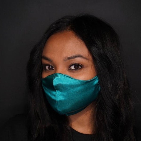 Emerald Teal Satin Face Mask, Adult and Children’s Sizes, Fashion Face Masks, bachelorette party masks