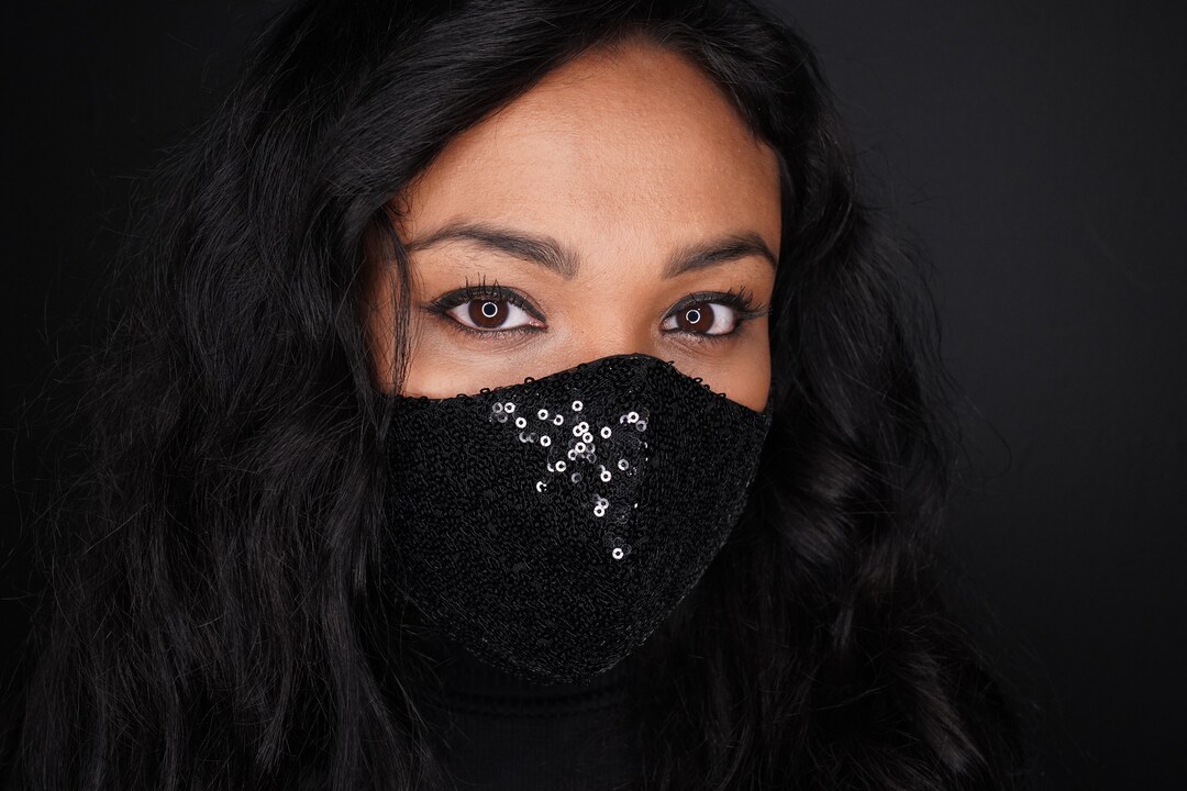 Elegant Black Sequin Face Mask With Adjustable Ear Straps, Dressy Face