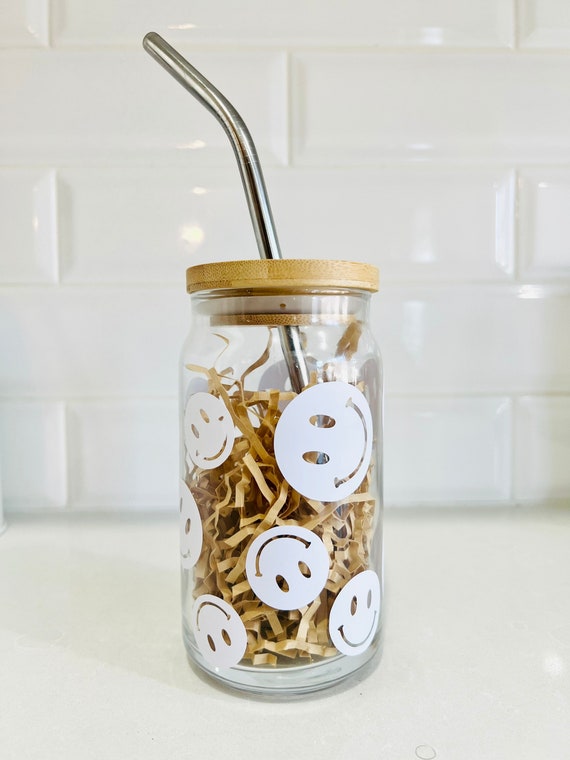 Smiley Face Iced Coffee Glass Cup with Bamboo Lid and Reusable