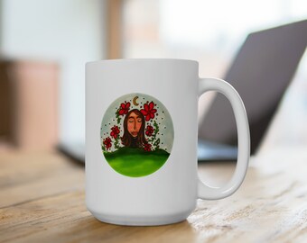 Folk Art Girl with Flowers Ceramic Mug 15oz