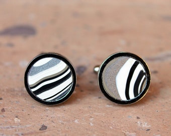 Fordite Cufflinks - 16mm Round x 4 mm Thick - Silver Coated Titainum          (126)