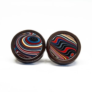 Fordite Cufflinks - Corvette Fordite - 16mm Round x 2mm Thick - Black Coated Titanium     (129)