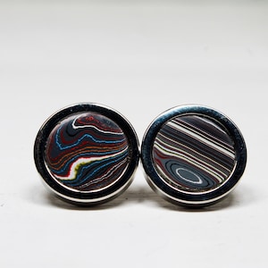 Fordite Cufflinks - Corvette Fordite - 15mm Round x 2mm Thick - Silver Coated Titanium          (324)