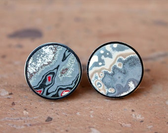 Fordite Cufflinks - 20mm Round x 3 mm Thick - Silver Coated Titanium          (122)