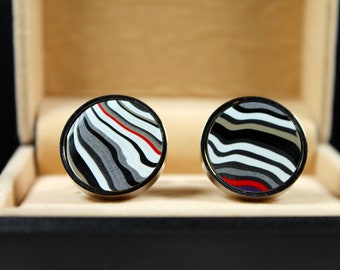 Fordite Cufflinks - 20mm Round x 3mm Thick - Silver Coated Titanium     (069)