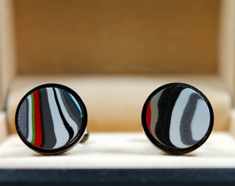 Fordite Cufflinks - 16mm Round x 2 mm Thick - Black Coated Titanium          (053)