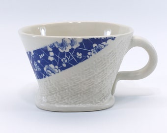 Ceramic Latte Mug - White with Blue Cherry Blossom Porcelain and Knitted Texture