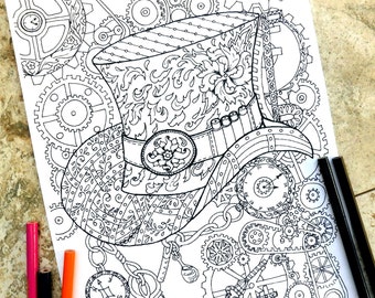 Steampunk Coloring Page Pages Top Hat Mechanical Feather Chains Keys Watch Ladybug