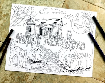 Halloween Coloring Pages Happy Fall Books Scary Cats Pumpkins Haunted House Bats Ghosts Freeky Abandoned